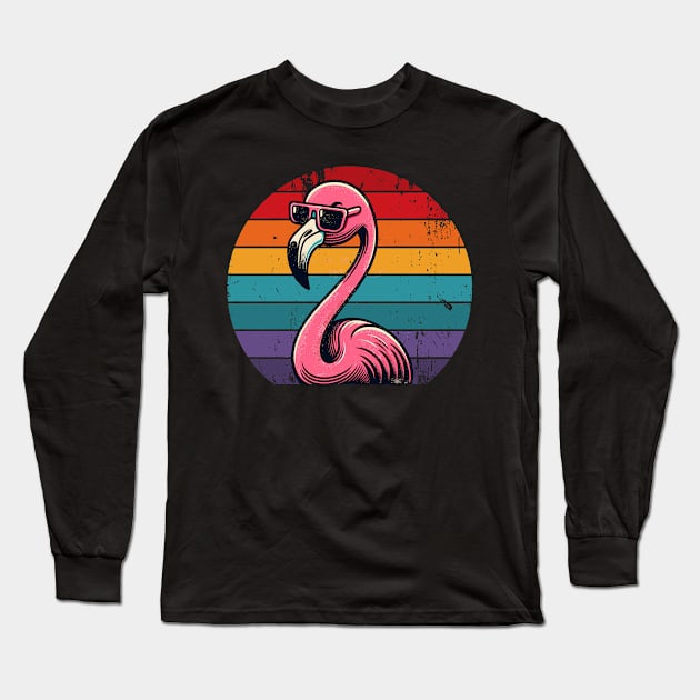 Cool Retro Flamingo in Sunglasses 70s 80s 90s Funny Flamingo Long Sleeve T-Shirt by KsuAnn